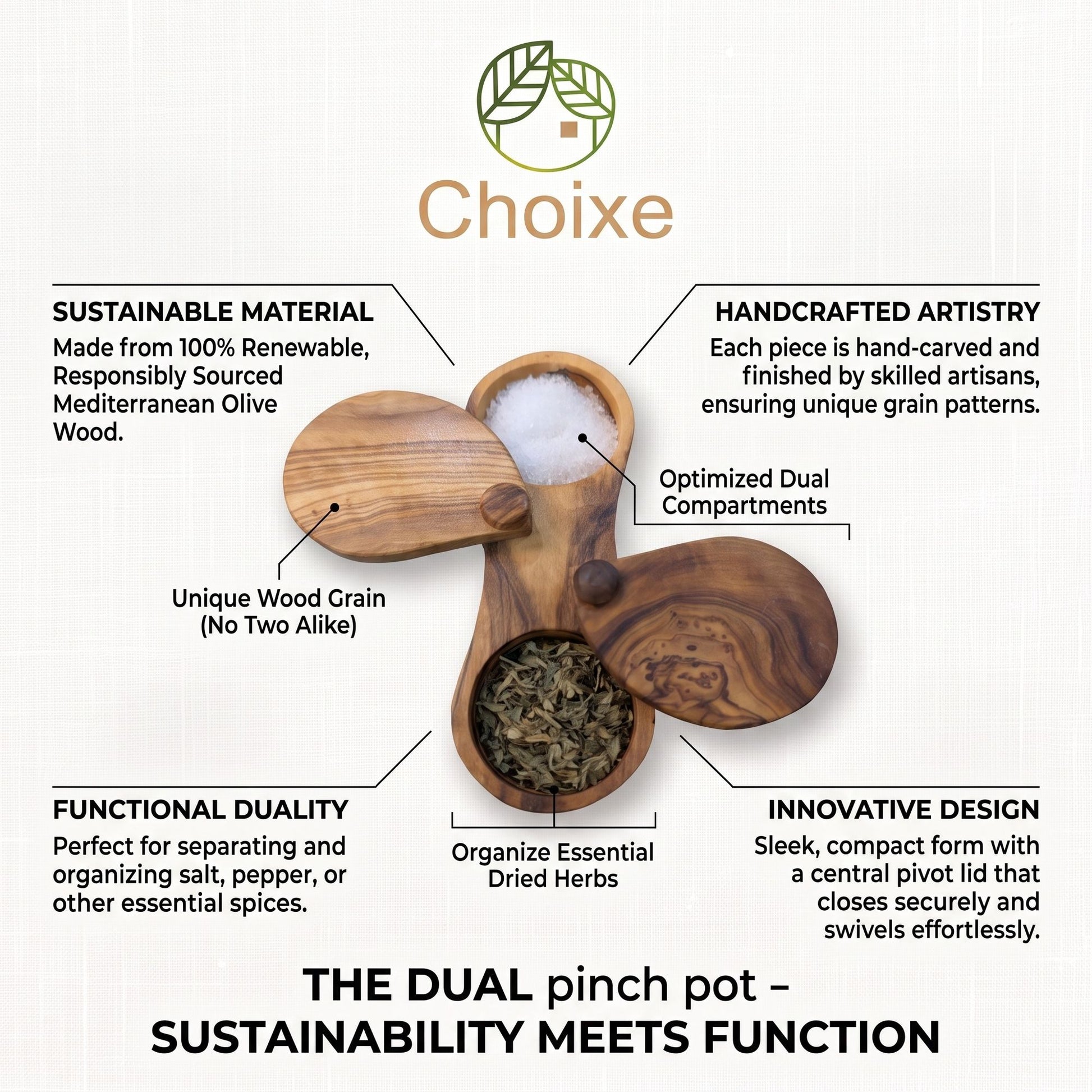 Choixe Olive Wood Dual Spice Box with Swivel Lids, 2-Compartment Salt & Spice Keeper, 6"