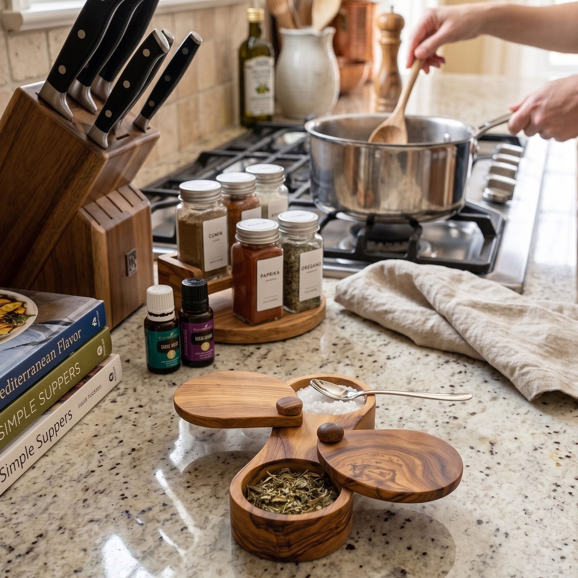 Choixe Olive Wood Dual Spice Box with Swivel Lids, 2-Compartment Salt & Spice Keeper, 6"