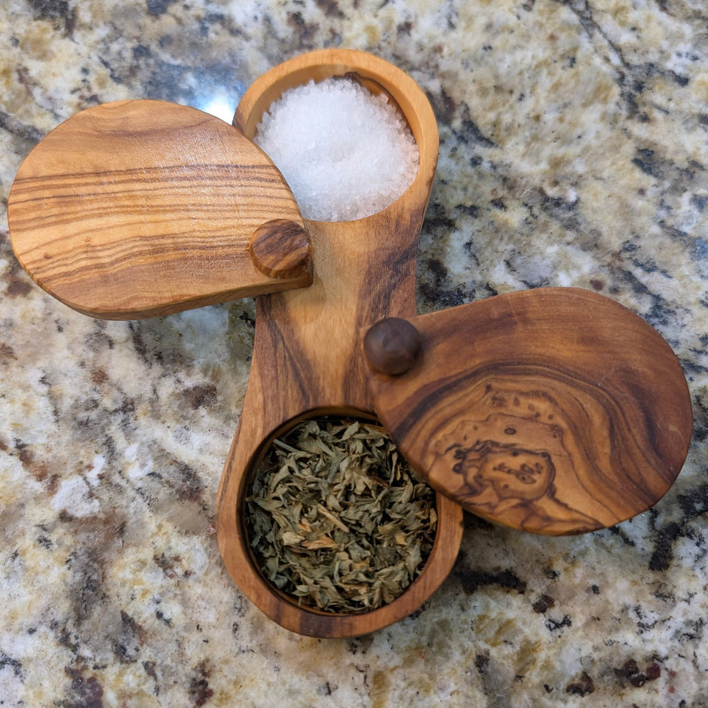 Choixe Olive Wood Dual Spice Box with Swivel Lids, 2-Compartment Salt & Spice Keeper, 6"