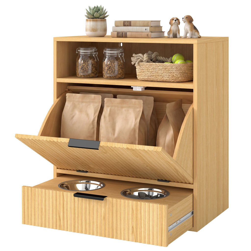 AEELLEEA Dog Feeding Station with Storage, 2 Elevated Stainless Steel Bowls, Hidden Pull-Out Feeder, Oak Finish