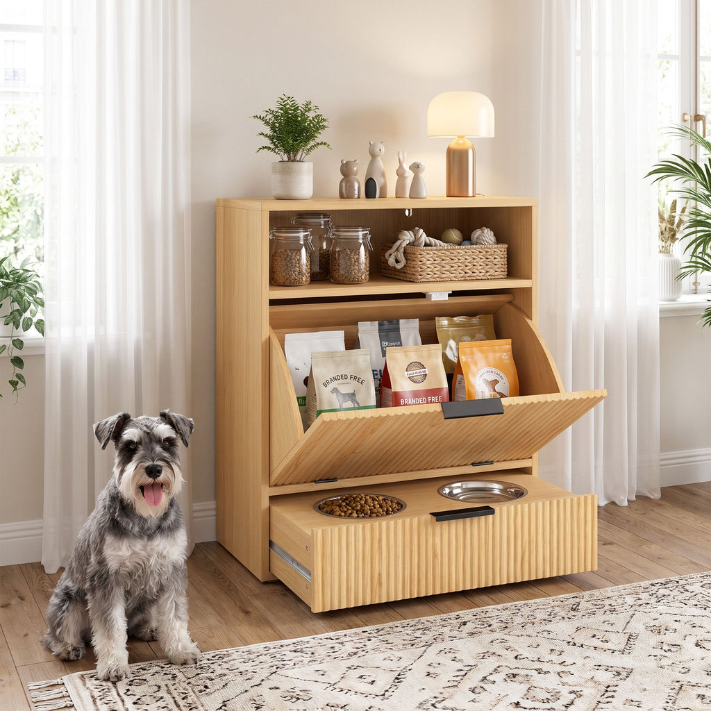 AEELLEEA Dog Feeding Station with Storage, 2 Elevated Stainless Steel Bowls, Hidden Pull-Out Feeder, Oak Finish