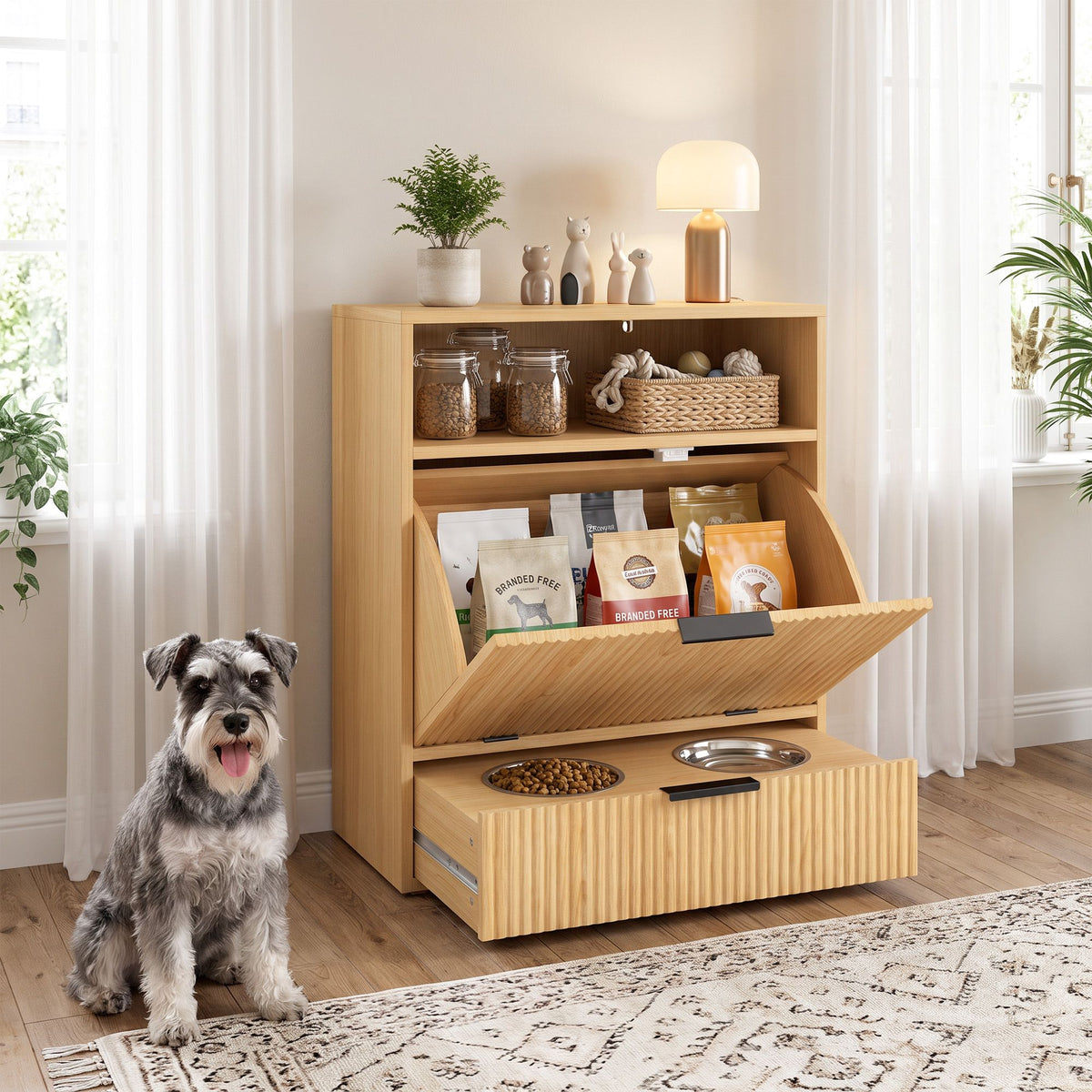 AEELLEEA Dog Feeding Station with Storage, 2 Elevated Stainless Steel Bowls, Hidden Pull-Out Feeder, Oak Finish