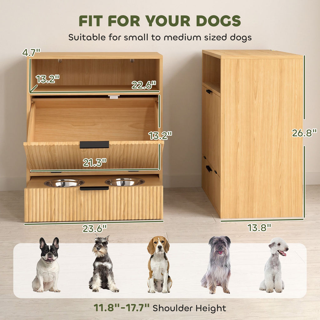AEELLEEA Dog Feeding Station with Storage, 2 Elevated Stainless Steel Bowls, Hidden Pull-Out Feeder, Oak Finish