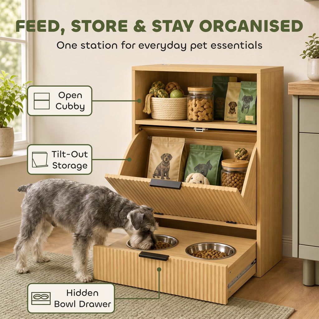 AEELLEEA Dog Feeding Station with Storage, 2 Elevated Stainless Steel Bowls, Hidden Pull-Out Feeder, Oak Finish