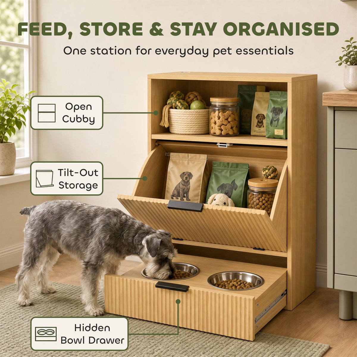 AEELLEEA Dog Feeding Station with Storage, 2 Elevated Stainless Steel Bowls, Hidden Pull-Out Feeder, Oak Finish