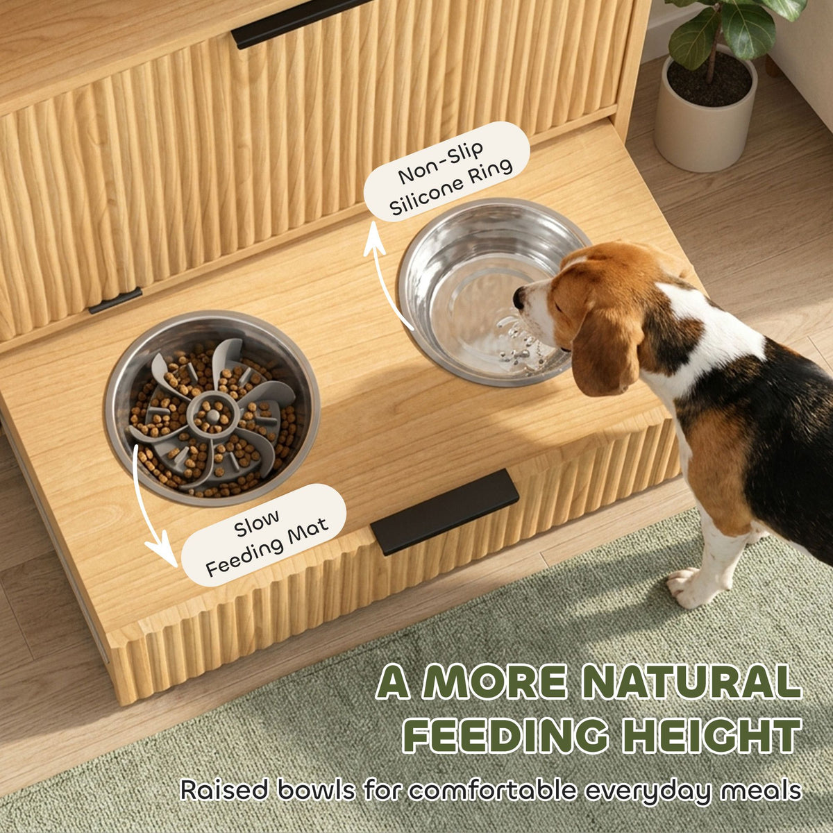 AEELLEEA Dog Feeding Station with Storage, 2 Elevated Stainless Steel Bowls, Hidden Pull-Out Feeder, Oak Finish