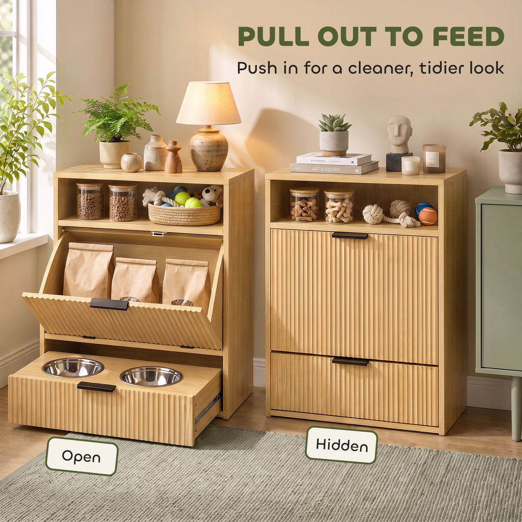 AEELLEEA Dog Feeding Station with Storage, 2 Elevated Stainless Steel Bowls, Hidden Pull-Out Feeder, Oak Finish