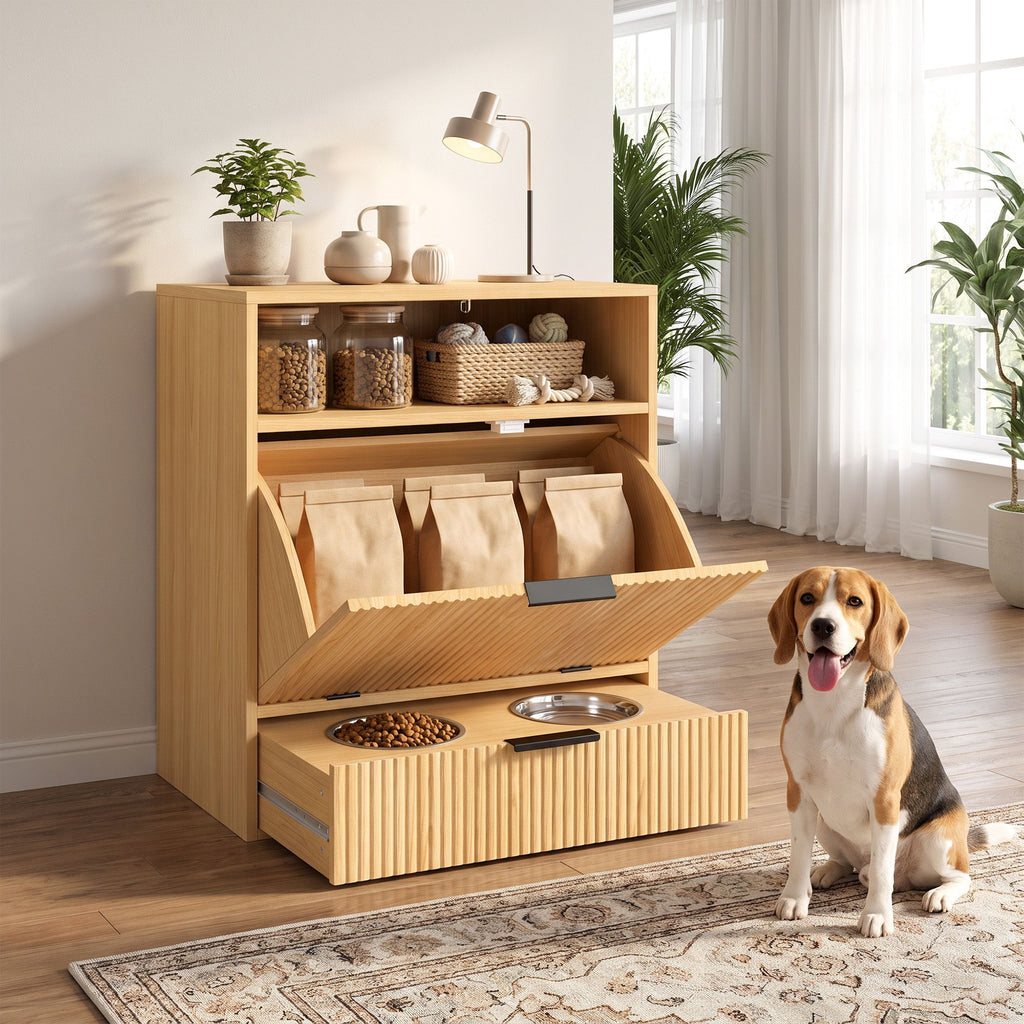 AEELLEEA Dog Feeding Station with Storage, 2 Elevated Stainless Steel Bowls, Hidden Pull-Out Feeder, Oak Finish