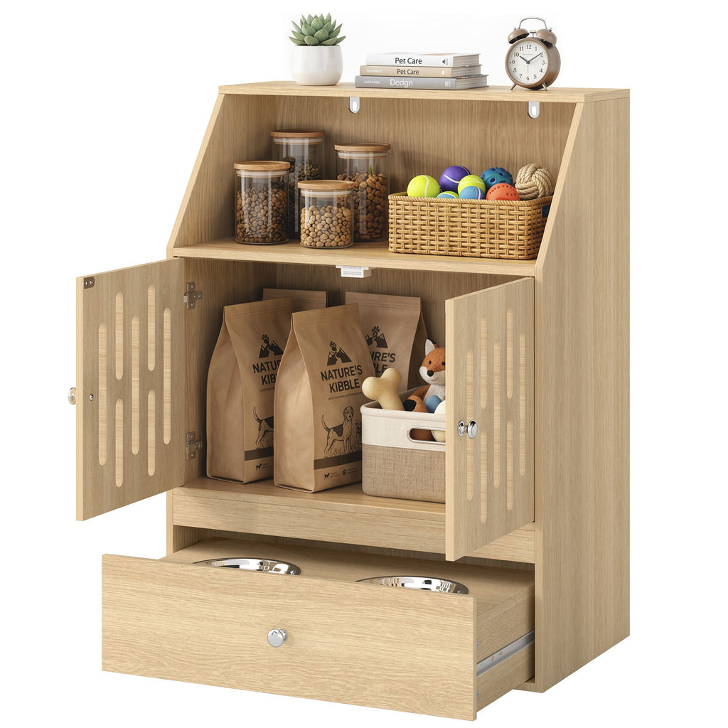AEELLEEA Dog Feeding Station with Storage, 2 Elevated Stainless Steel Bowls, Slow-Feed Mat, Oak Finish