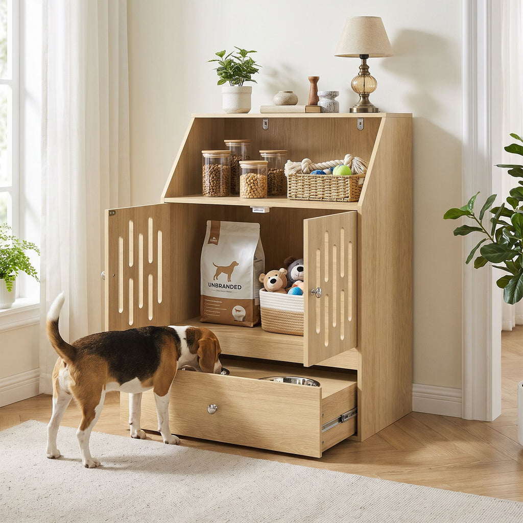 AEELLEEA Dog Feeding Station with Storage, 2 Elevated Stainless Steel Bowls, Slow-Feed Mat, Oak Finish