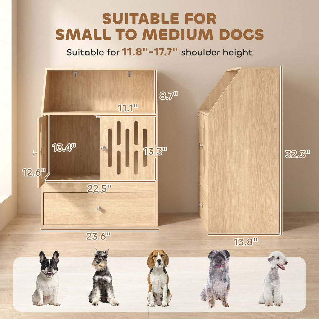 AEELLEEA Dog Feeding Station with Storage, 2 Elevated Stainless Steel Bowls, Slow-Feed Mat, Oak Finish