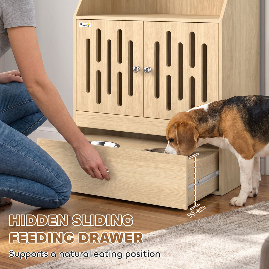 AEELLEEA Dog Feeding Station with Storage, 2 Elevated Stainless Steel Bowls, Slow-Feed Mat, Oak Finish
