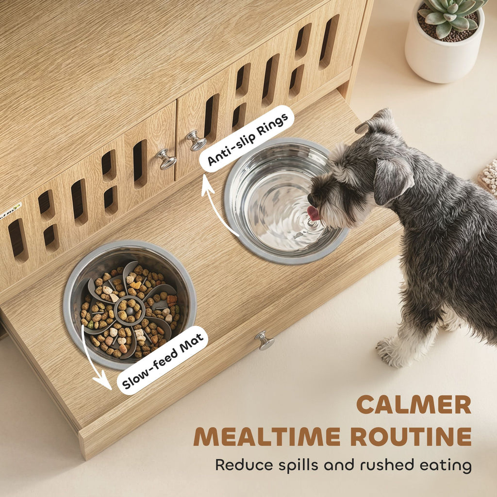 AEELLEEA Dog Feeding Station with Storage, 2 Elevated Stainless Steel Bowls, Slow-Feed Mat, Oak Finish
