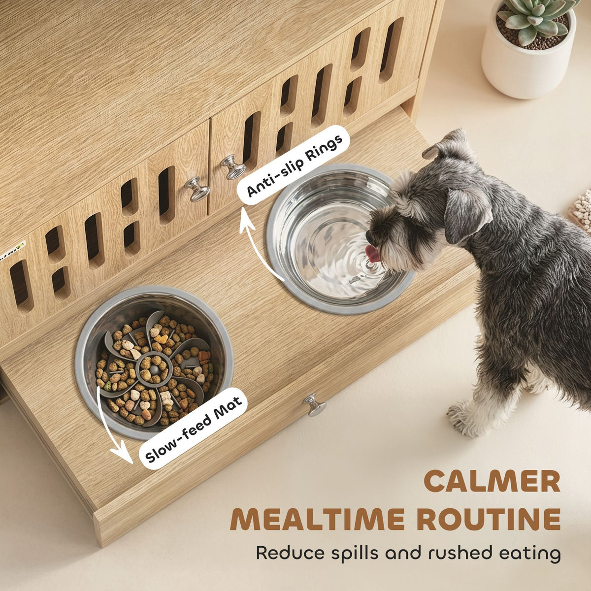 AEELLEEA Dog Feeding Station with Storage, 2 Elevated Stainless Steel Bowls, Slow-Feed Mat, Oak Finish