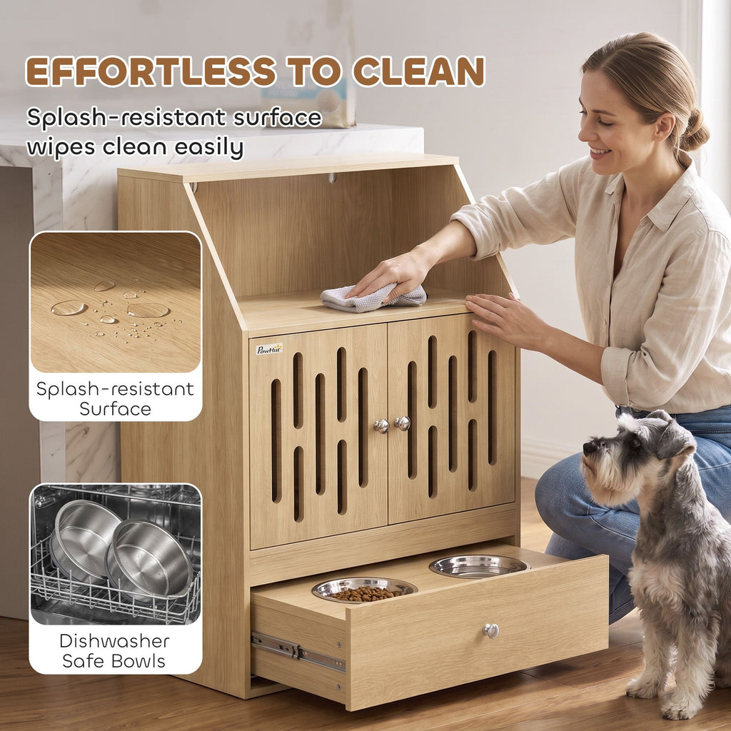 AEELLEEA Dog Feeding Station with Storage, 2 Elevated Stainless Steel Bowls, Slow-Feed Mat, Oak Finish