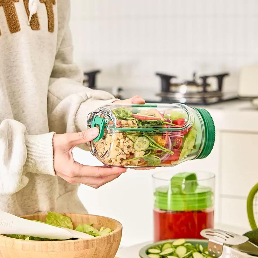 Leakproof Salad Jar with Detachable Dressing Cup, Portable Meal Prep Container with Flip-Open Lid, Green