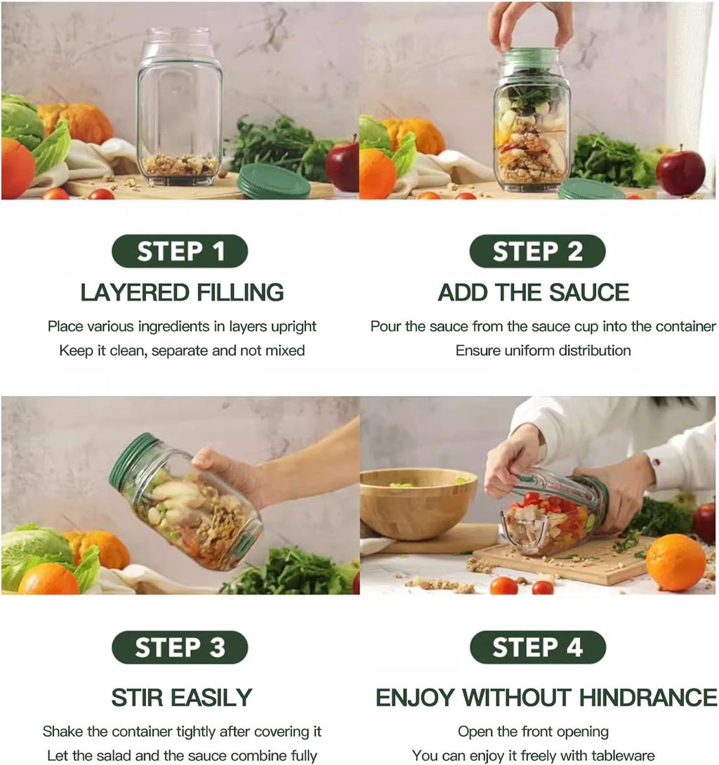 Leakproof Salad Jar with Detachable Dressing Cup, Portable Meal Prep Container with Flip-Open Lid, Green