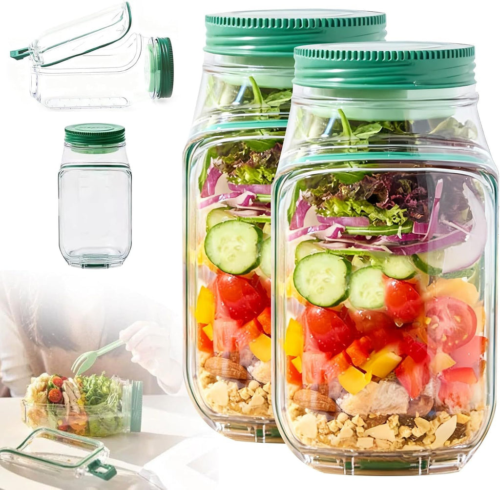 Leakproof Salad Jar with Detachable Dressing Cup, Portable Meal Prep Container with Flip-Open Lid, Green