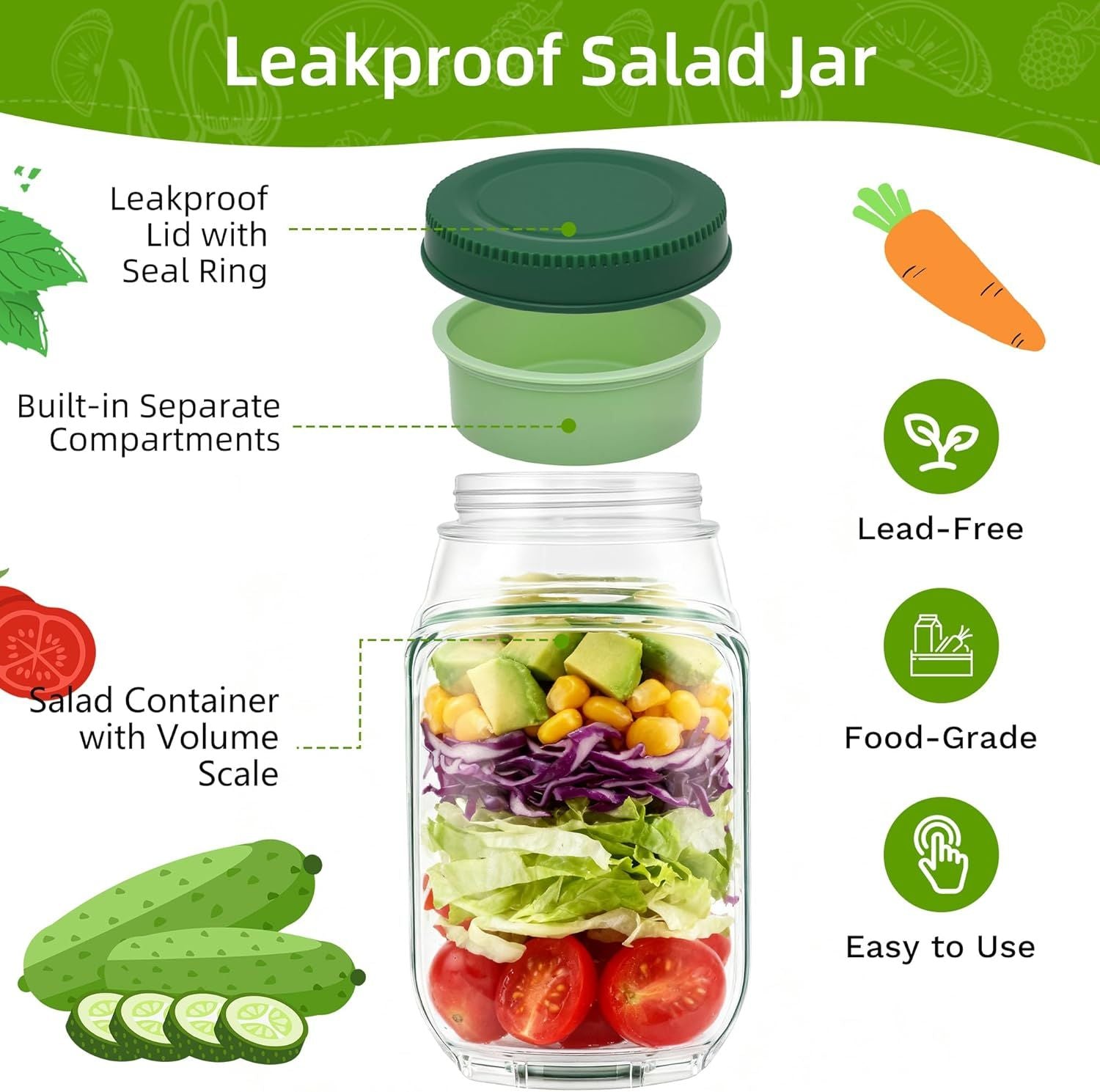 Leakproof Salad Jar with Detachable Dressing Cup, Portable Meal Prep Container with Flip-Open Lid, Green