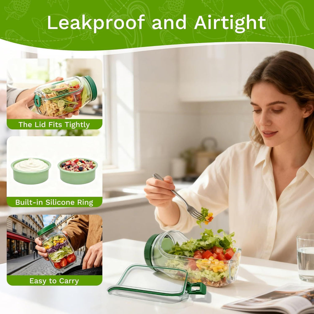 Leakproof Salad Jar with Detachable Dressing Cup, Portable Meal Prep Container with Flip-Open Lid, Green