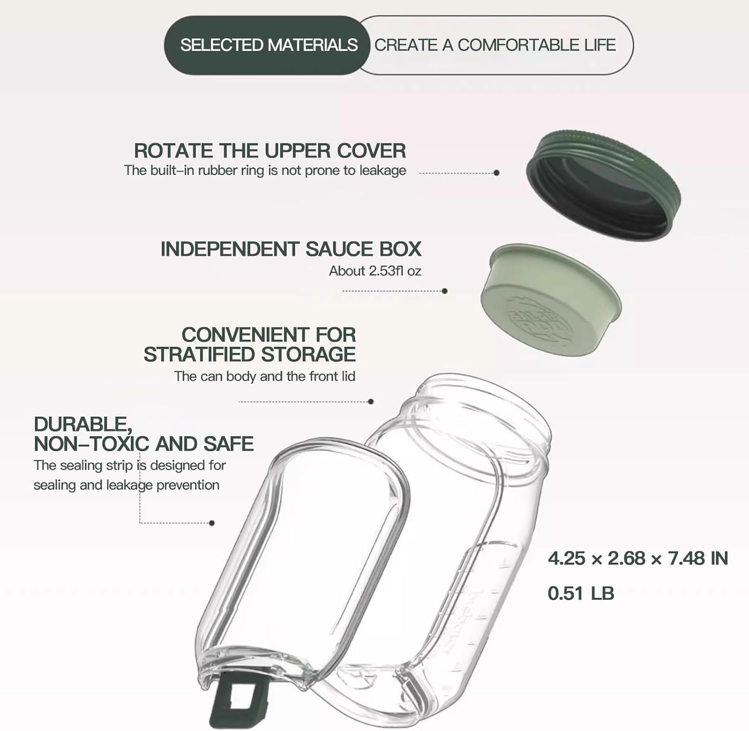Leakproof Salad Jar with Detachable Dressing Cup, Portable Meal Prep Container with Flip-Open Lid, Green