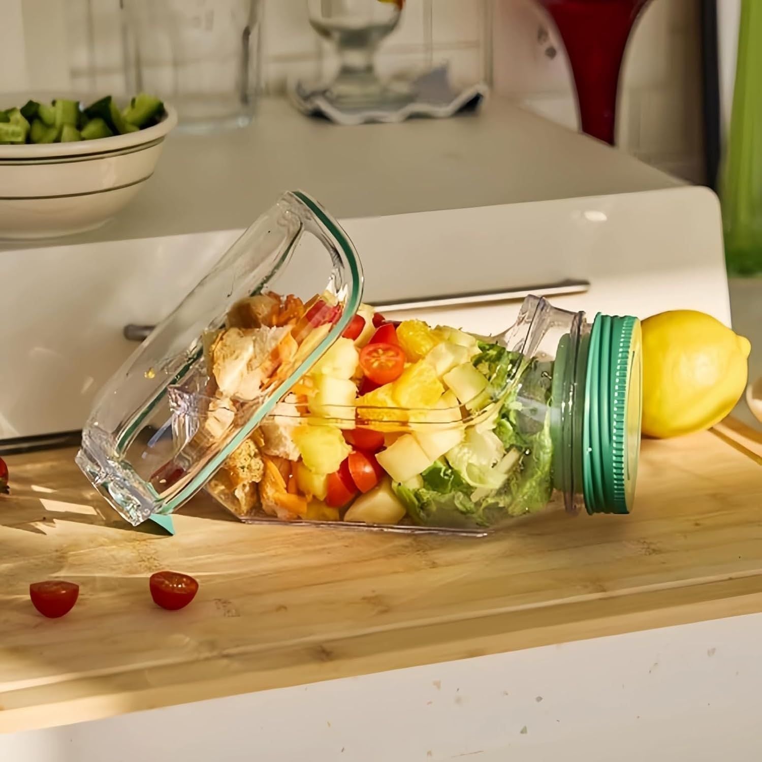 Leakproof Salad Jar with Detachable Dressing Cup, Portable Meal Prep Container with Flip-Open Lid, Green