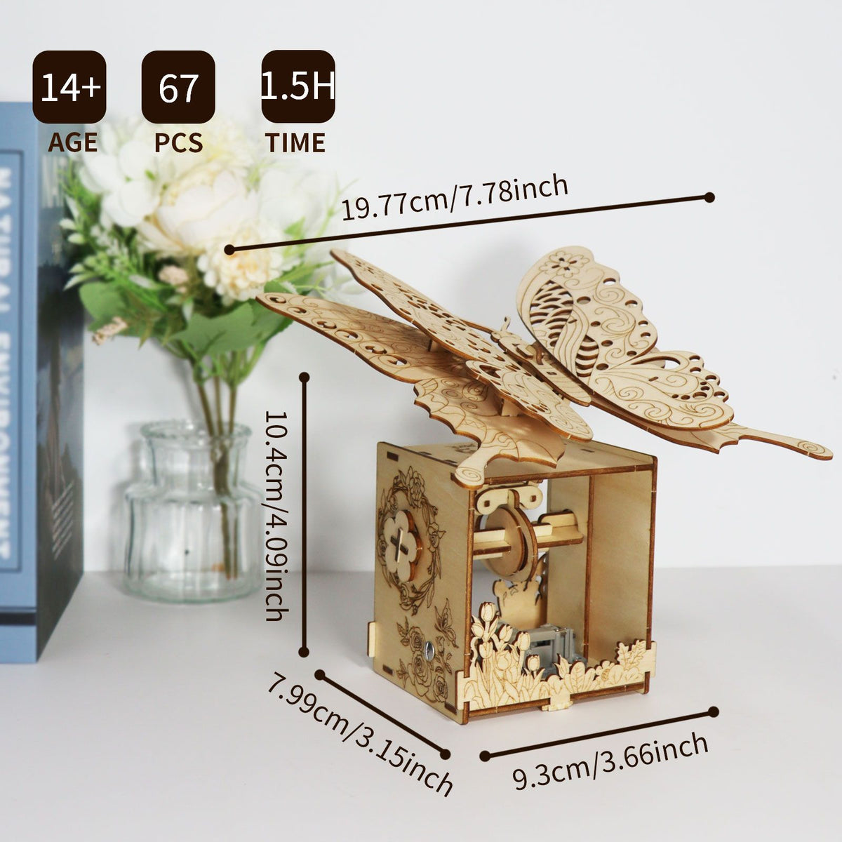 3D Wooden Butterfly Music Box Puzzle Kit, 67-Piece DIY Model, You Are My Sunshine, Ages 14+
