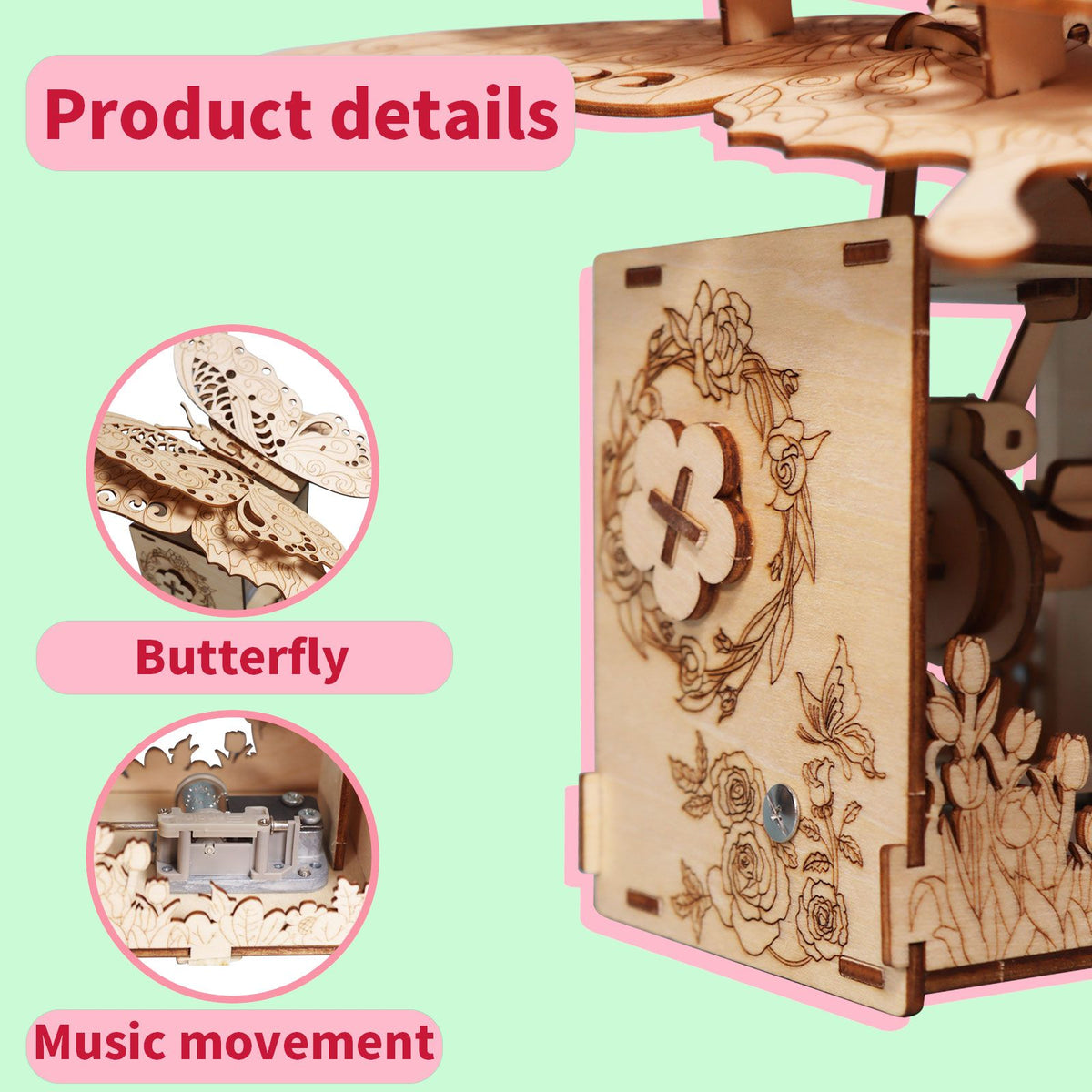 3D Wooden Butterfly Music Box Puzzle Kit, 67-Piece DIY Model, You Are My Sunshine, Ages 14+