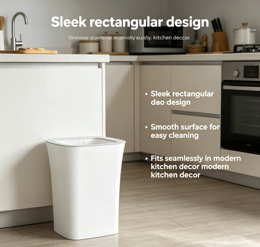 White Open-Top Rectangular Plastic Trash Can, Slim Space-Saving Waste Bin with Garbage Bag Fixing Rim, Modern Waste Container for Kitchen, Bathroom, Bedroom & Office