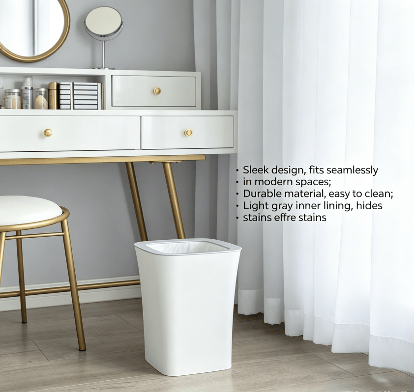 White Open-Top Rectangular Plastic Trash Can, Slim Space-Saving Waste Bin with Garbage Bag Fixing Rim, Modern Waste Container for Kitchen, Bathroom, Bedroom & Office