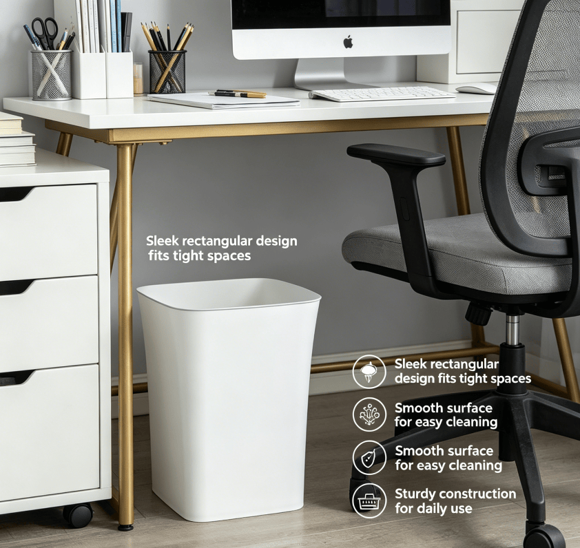 White Open-Top Rectangular Plastic Trash Can, Slim Space-Saving Waste Bin with Garbage Bag Fixing Rim, Modern Waste Container for Kitchen, Bathroom, Bedroom & Office