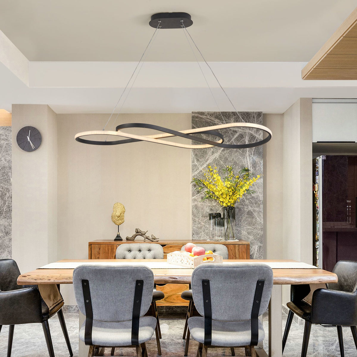 AEELLEEA 39.4" Modern LED Infinity Pendant Light, Dimmable Adjustable Height Hanging Ceiling Fixture for Dining Room, Black