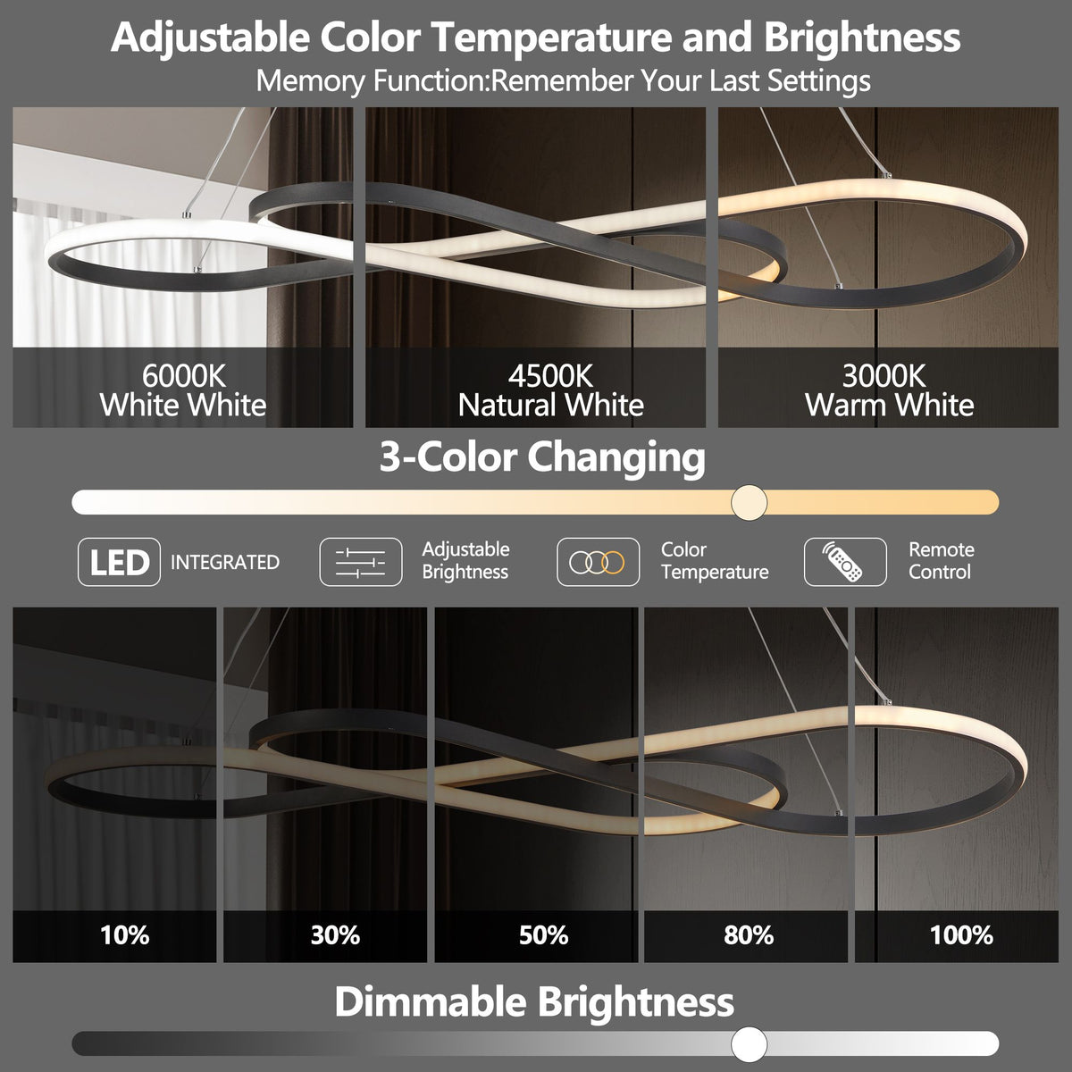 AEELLEEA 39.4" Modern LED Infinity Pendant Light, Dimmable Adjustable Height Hanging Ceiling Fixture for Dining Room, Black