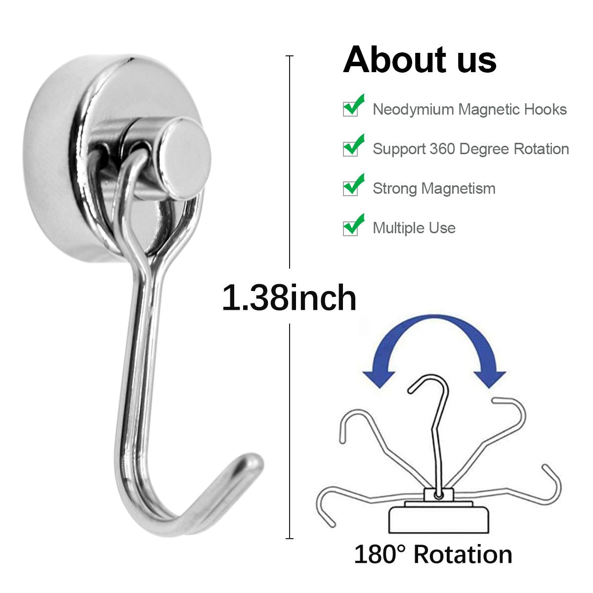 Heavy Duty Magnetic Hooks, Neodymium Swivel Hook Magnets, 360° Rotating Metal Hooks for Kitchen, Garage, Refrigerator and Home Storage