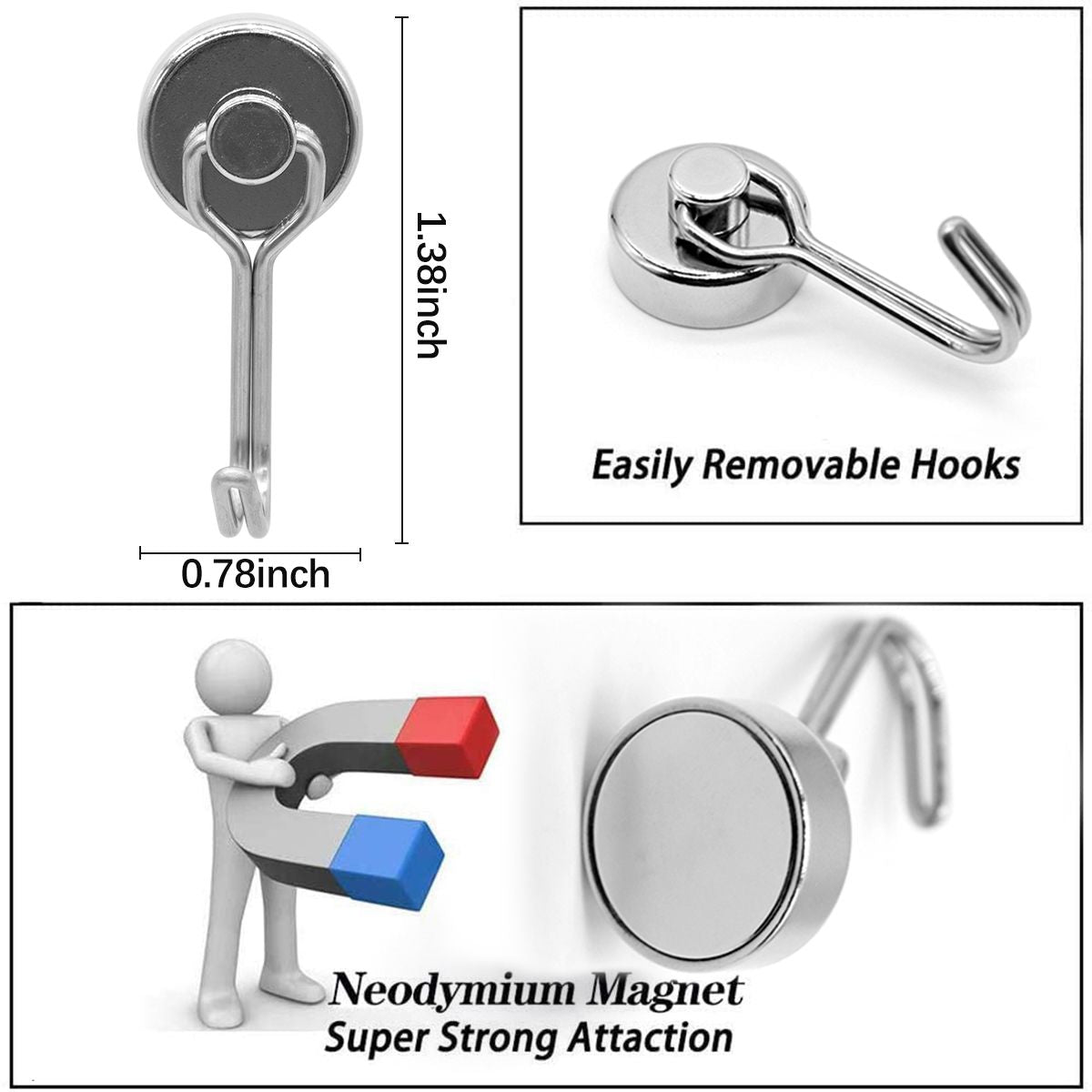 Heavy Duty Magnetic Hooks, Neodymium Swivel Hook Magnets, 360° Rotating Metal Hooks for Kitchen, Garage, Refrigerator and Home Storage