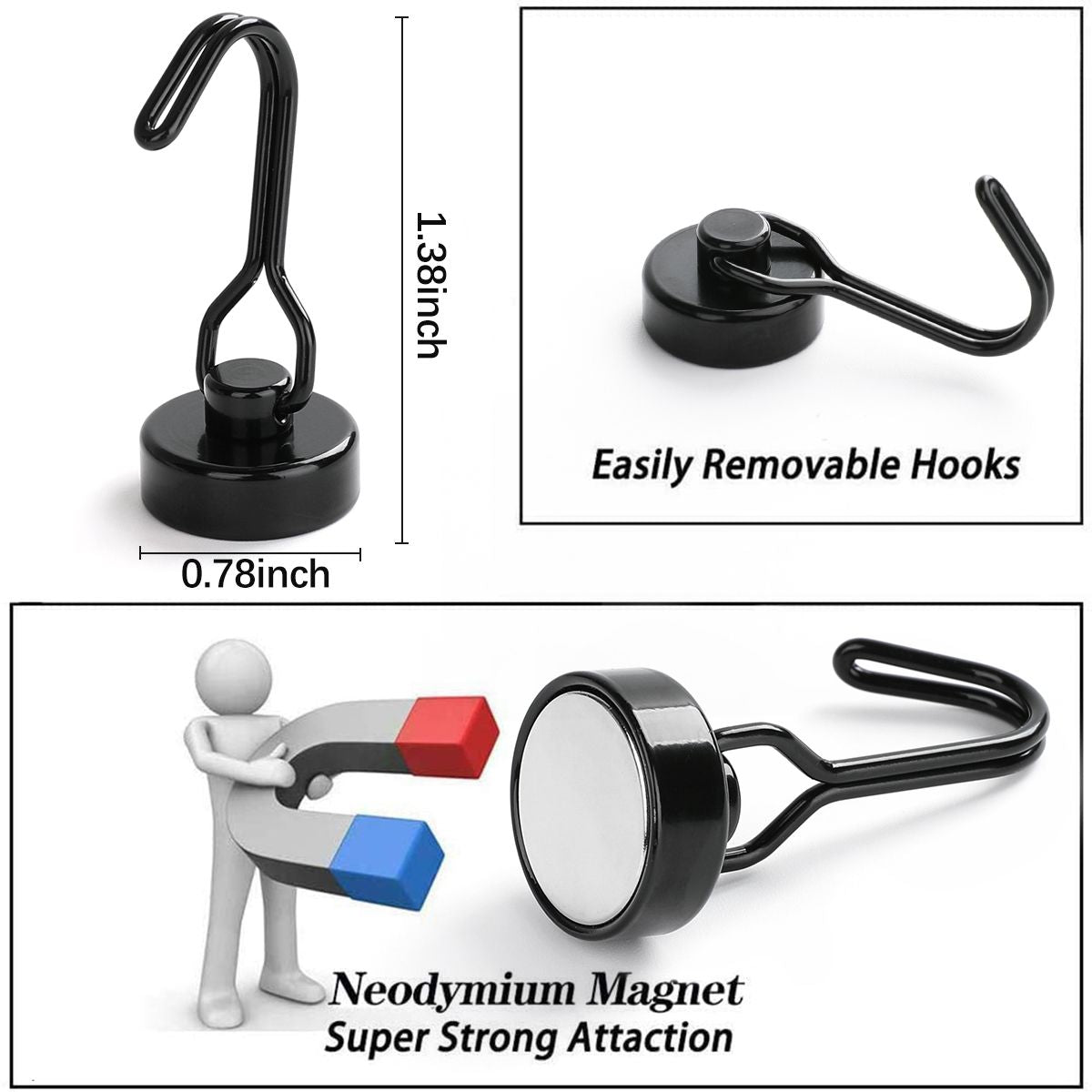 Heavy Duty Magnetic Hooks, Neodymium Swivel Hook Magnets, 360° Rotating Metal Hooks for Kitchen, Grill Tools, Garage, Refrigerator and Home Organization
