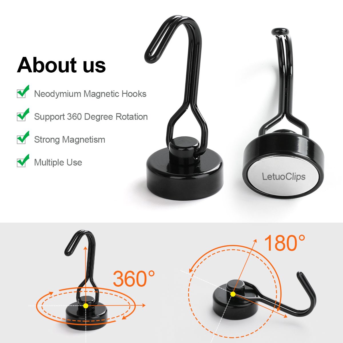 Heavy Duty Magnetic Hooks, Neodymium Swivel Hook Magnets, 360° Rotating Metal Hooks for Kitchen, Grill Tools, Garage, Refrigerator and Home Organization