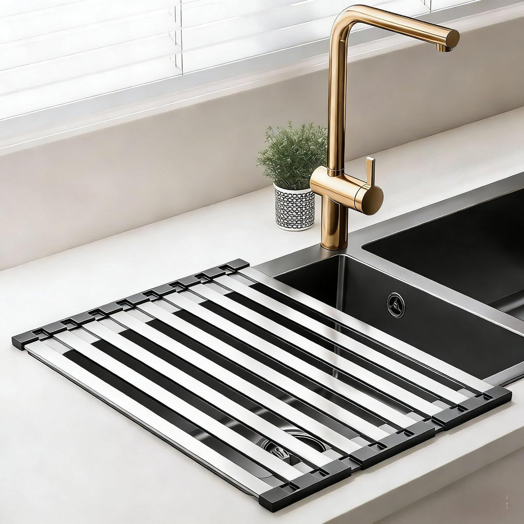 304 Stainless Steel Over-the-Sink Dish Drying Rack, Roll-Up Collapsible Sink Organizer, Heat Resistant & Space Saving