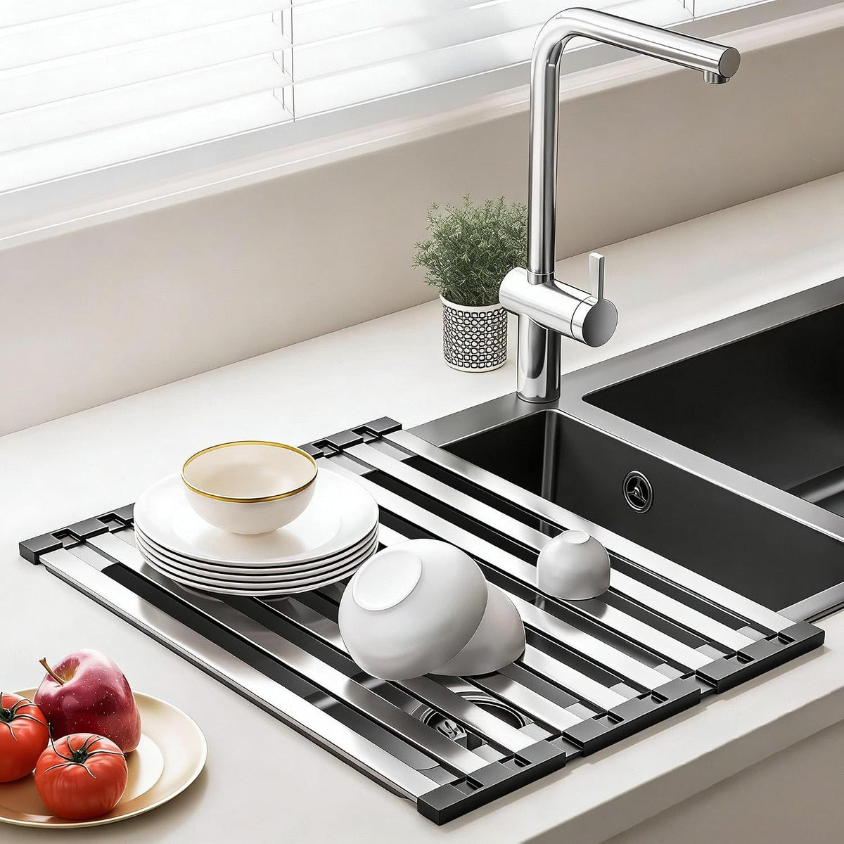 304 Stainless Steel Over-the-Sink Dish Drying Rack, Roll-Up Collapsible Sink Organizer, Heat Resistant & Space Saving
