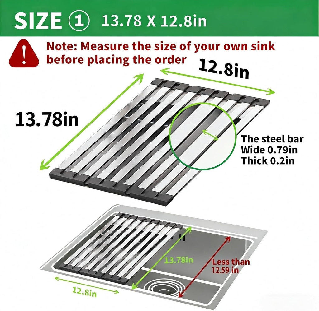 304 Stainless Steel Over-the-Sink Dish Drying Rack, Roll-Up Collapsible Sink Organizer, Heat Resistant & Space Saving