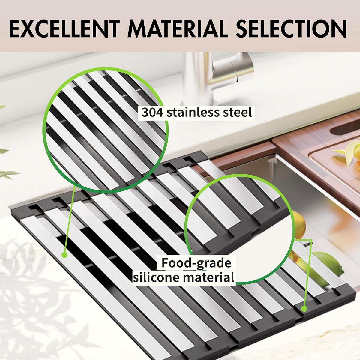 304 Stainless Steel Over-the-Sink Dish Drying Rack, Roll-Up Collapsible Sink Organizer, Heat Resistant & Space Saving