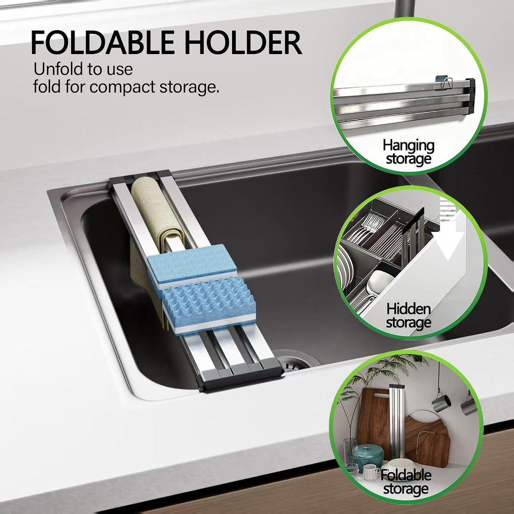 304 Stainless Steel Over-the-Sink Dish Drying Rack, Roll-Up Collapsible Sink Organizer, Heat Resistant & Space Saving
