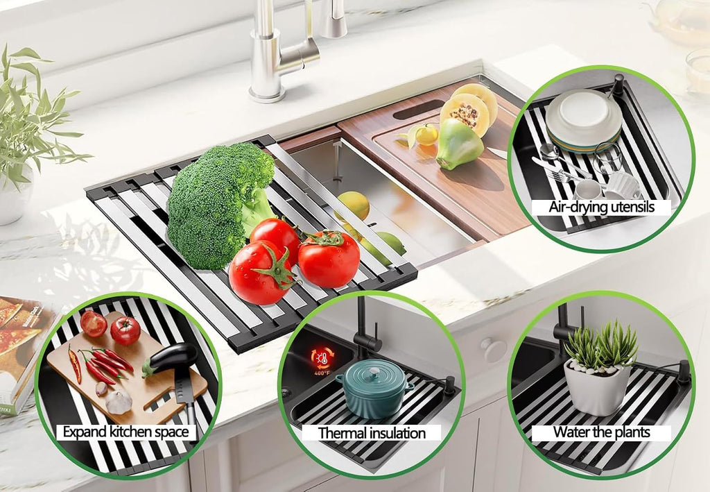 304 Stainless Steel Over-the-Sink Dish Drying Rack, Roll-Up Collapsible Sink Organizer, Heat Resistant & Space Saving