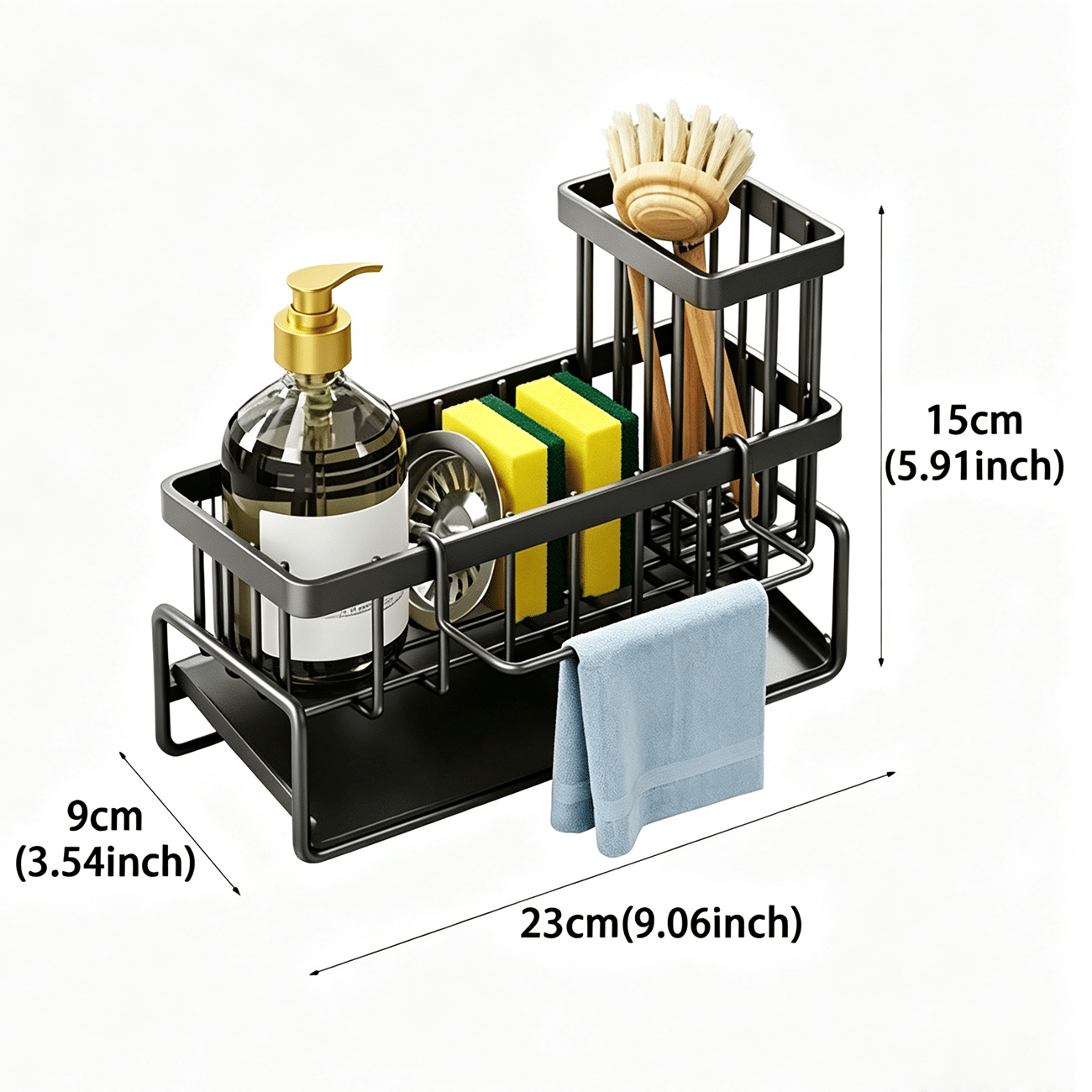 Carbon Steel Sink Caddy Organizer with Drain Tray, Detachable Brush Holder & Towel Bar, Black