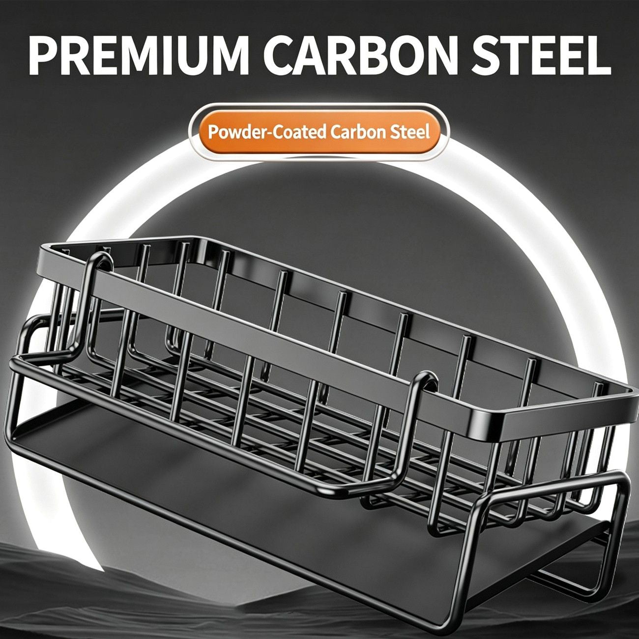 Carbon Steel Sink Caddy Organizer with Drain Tray, Detachable Brush Holder & Towel Bar, Black