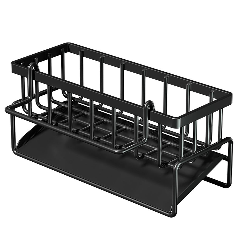 Carbon Steel Sink Caddy Organizer with Drain Tray, Detachable Brush Holder & Towel Bar, Black