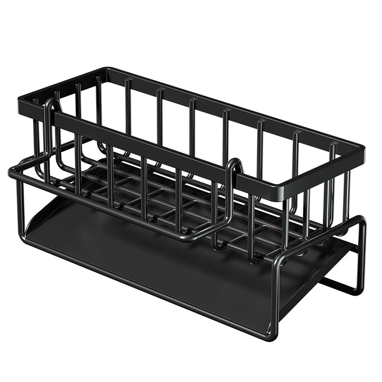 Carbon Steel Sink Caddy Organizer with Drain Tray, Detachable Brush Holder & Towel Bar, Black