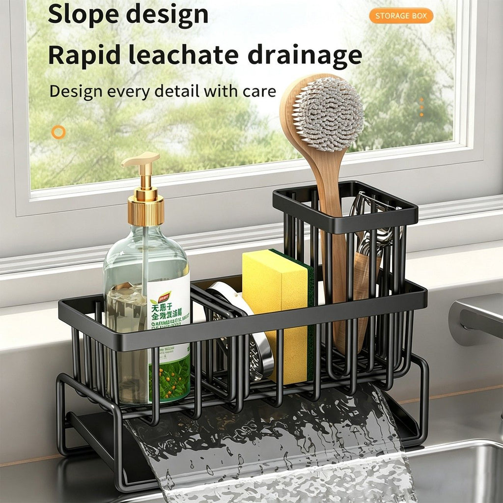 Carbon Steel Sink Caddy Organizer with Drain Tray, Detachable Brush Holder & Towel Bar, Black