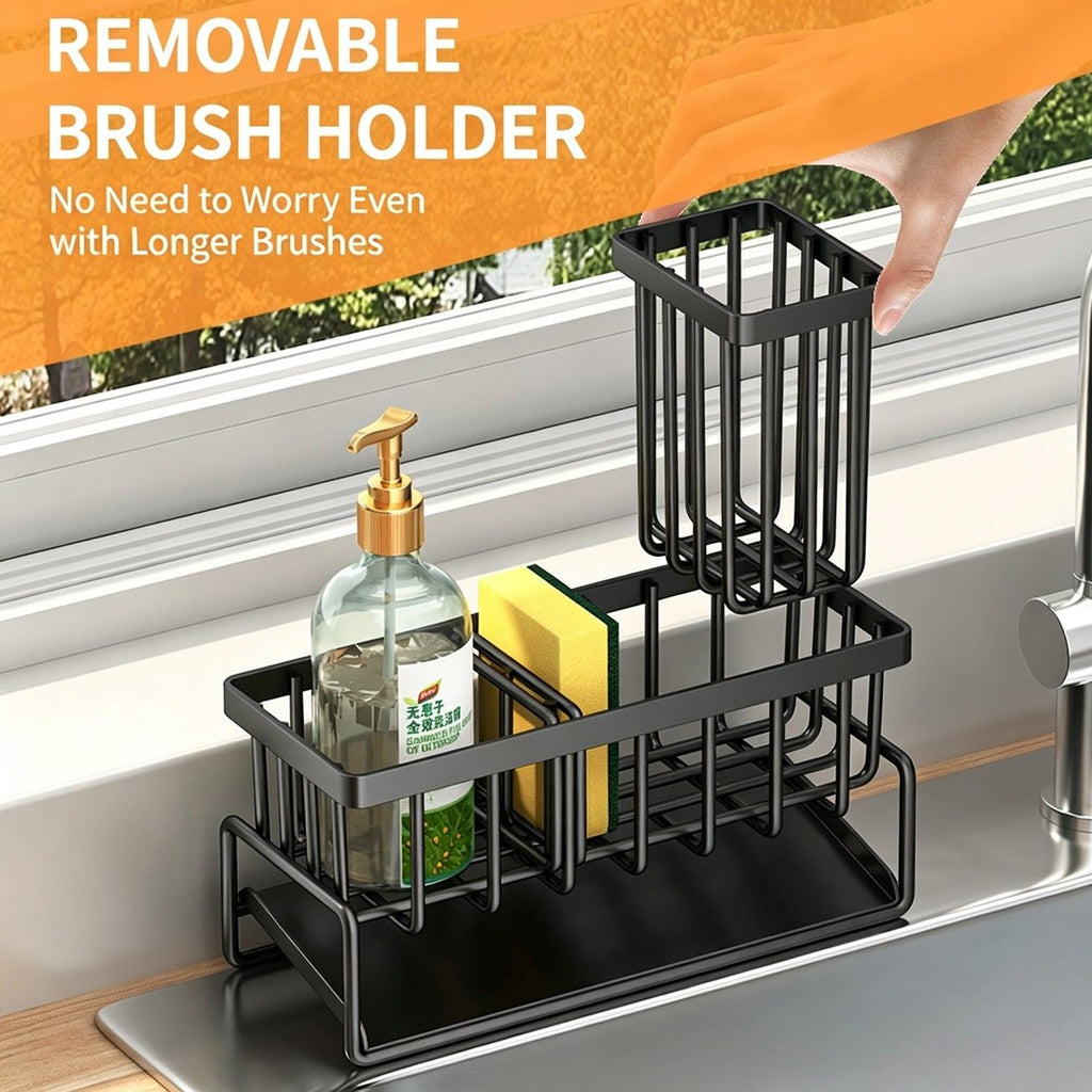 Carbon Steel Sink Caddy Organizer with Drain Tray, Detachable Brush Holder & Towel Bar, Black