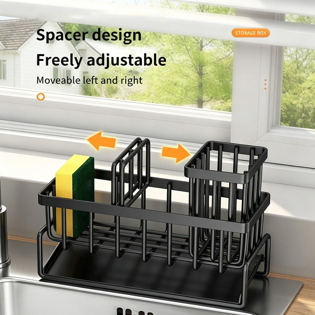 Carbon Steel Sink Caddy Organizer with Drain Tray, Detachable Brush Holder & Towel Bar, Black